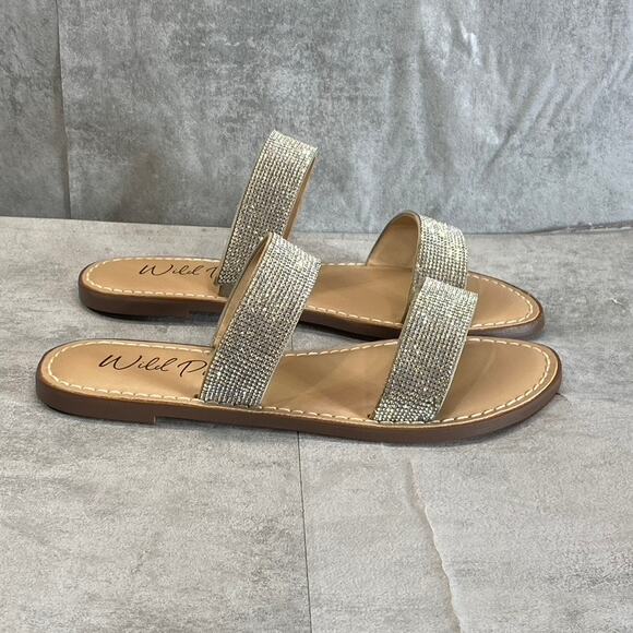 WILD PAIR Women's Sliver Bling Embellished Double-Strap Ginnie Slide Sandals SZ9 - Picture 1 of 11
